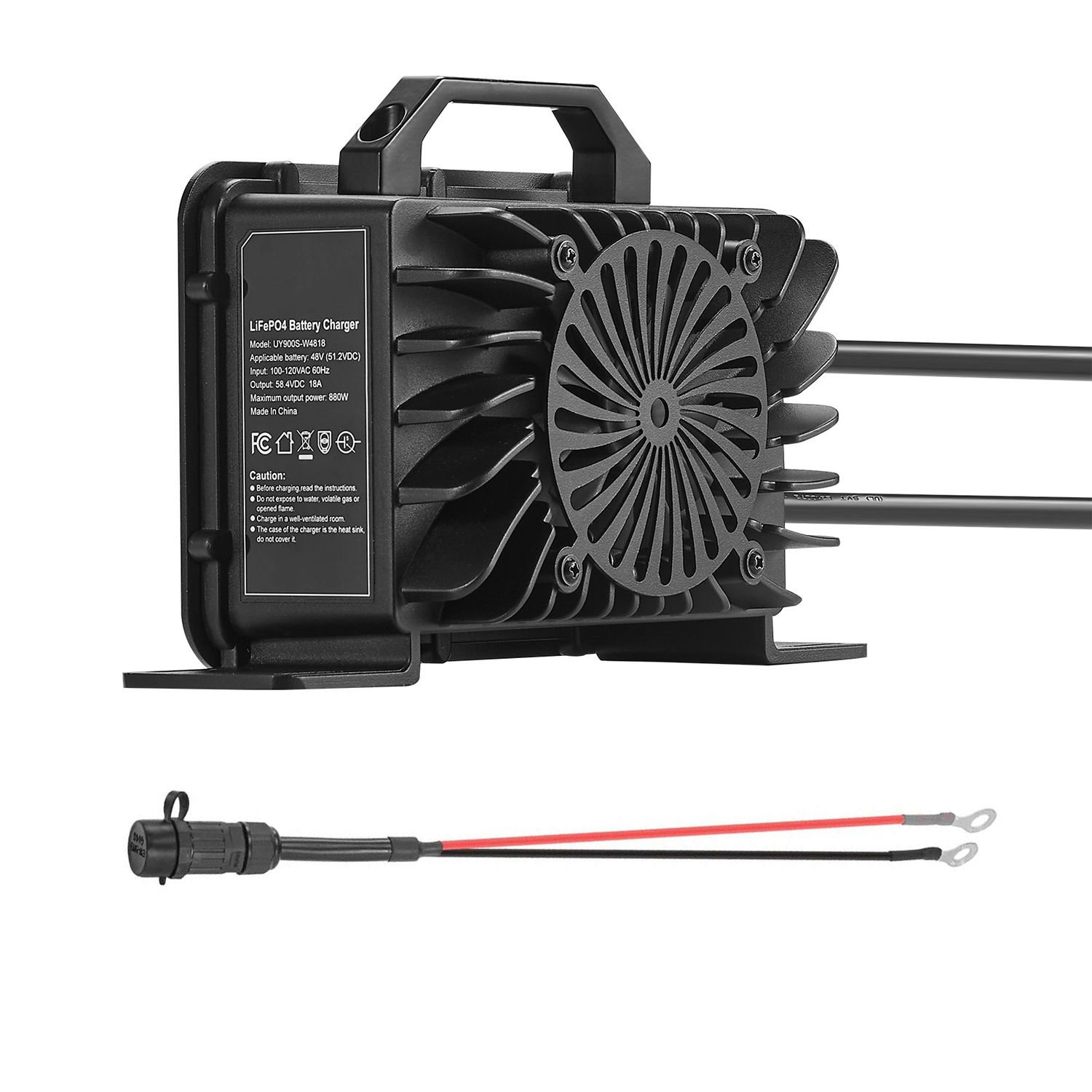 48v 18a lithium battery charger, 58.4v, ac dc lifepo4 smart charger, with waterproof connector, led indicator, 0v activation, for lifepo4 deep cycle rechargeable batteries of boat, rv, ip68