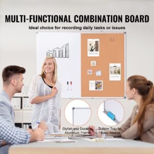 48"x 36" whiteboard & cork board combo with aluminum frame – 2 in 1 magnetic dry erase bulletin board for wall mount – ideal for school, home, office