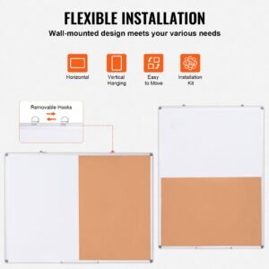 48"x 36" whiteboard & cork board combo with aluminum frame – 2 in 1 magnetic dry erase bulletin board for wall mount – ideal for school, home, office