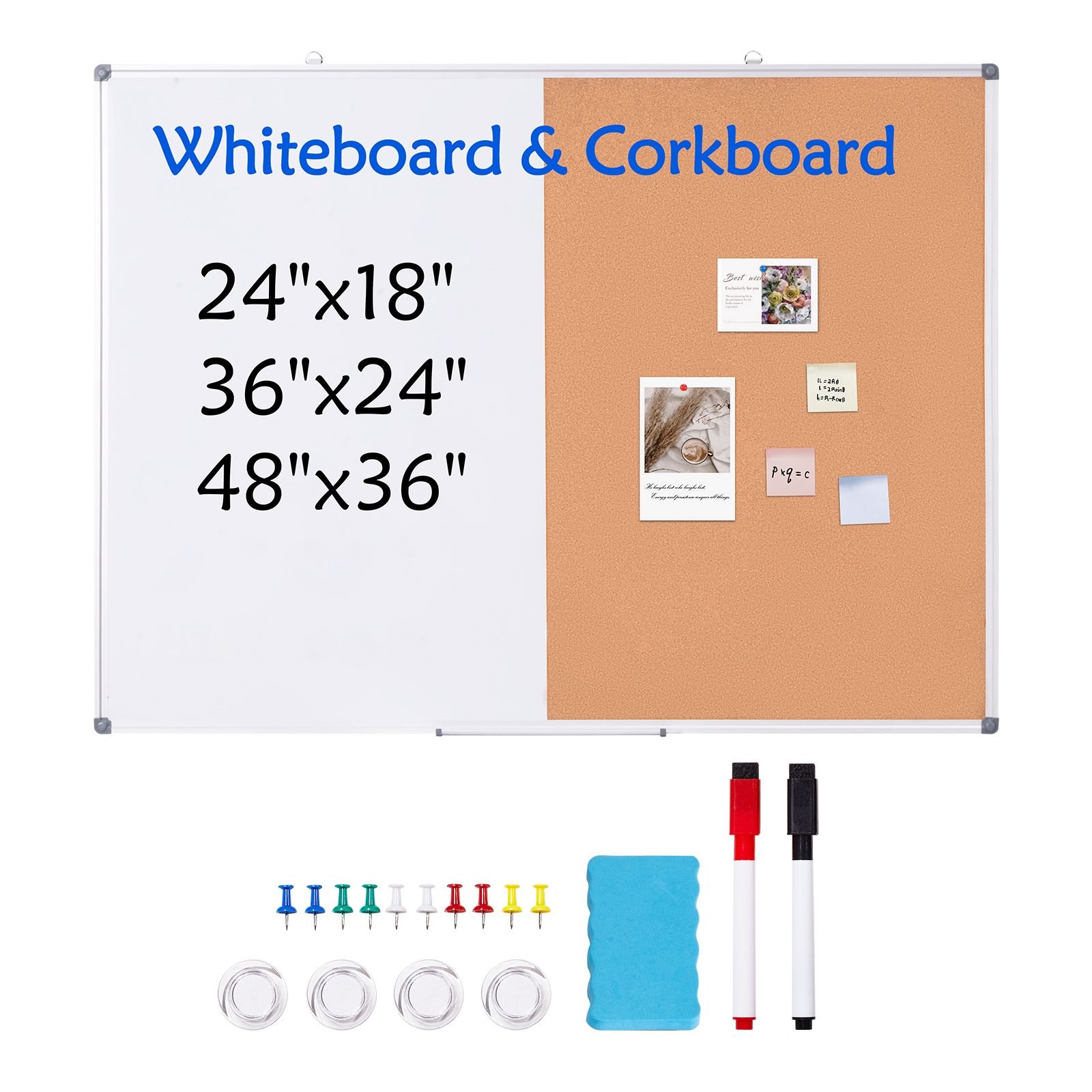 48"x 36" whiteboard & cork board combo with aluminum frame – 2 in 1 magnetic dry erase bulletin board for wall mount – ideal for school, home, office