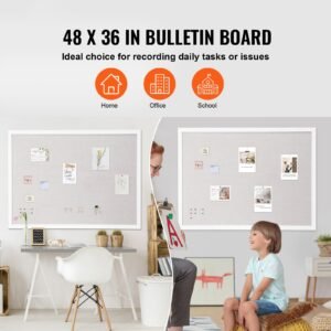 48"x36" white cork board with linen surface – stylish wall mounted bulletin board for home, school, office – elegant & functional noticeboard