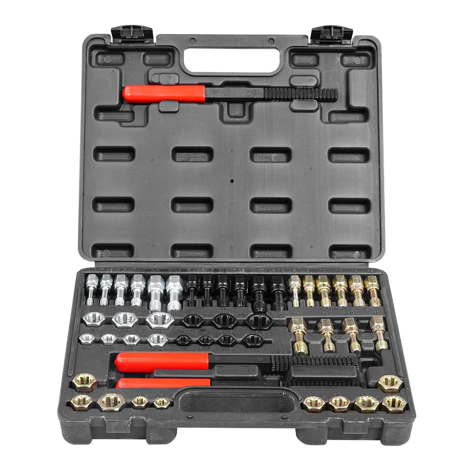 49 piece thread chaser set, unc unf and metric thread restorer tool, rethreading tool kit with 22 taps 24 dies 3 thread files storage case, heat treated steel, for mechanics diy enthusiasts