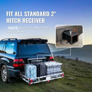 49.4 x 22.4 x 7.1 in hitch cargo carrier, 500lbs loading capacity trailer hitch mounted cargo basket, rust proof aluminum luggage carrier rack fits 2" hitch receiver for suv truck pickup camping