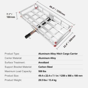 49.4 x 22.4 x 7.1 in hitch cargo carrier, 500lbs loading capacity trailer hitch mounted cargo basket, rust proof aluminum luggage carrier rack fits 2" hitch receiver for suv truck pickup camping