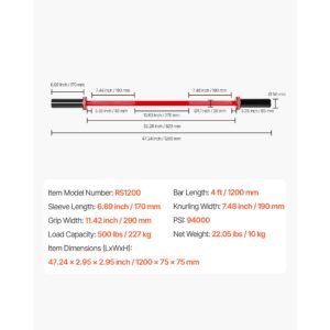 4ft barbell bar, fits 2 inch weight plates, barbell bar with knurled grip for strength training, weightlifting, squat, deadlift, bench press, curl, overhead press, 550lbs/226kg capacity