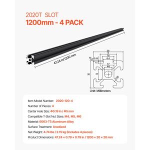 4pcs 47.2 in (1200mm) t slot 2020 aluminum extrusion profile, european standard anodized linear rail, high strength extruded aluminum rail for 3d printer, cnc machine diy, laser engraving, black