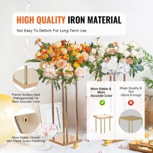 4pcs gold metal column wedding flower stand, 23.6inch high with metal laminate, vase geometric centerpiece stands, cylindrical floral display rack for events reception, party road leads