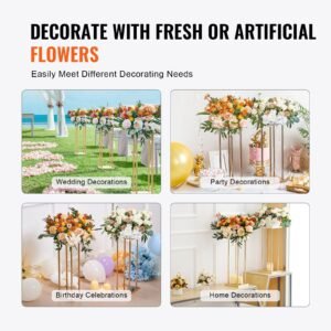 4pcs gold metal column wedding flower stand, 23.6inch high with metal laminate, vase geometric centerpiece stands, cylindrical floral display rack for events reception, party road leads