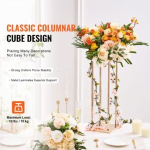 4pcs gold metal column wedding flower stand, 31.5inch high with metal laminate, vase geometric centerpiece stands, cylindrical floral display rack for events reception, party road leads