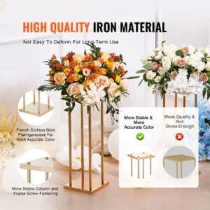 4pcs gold metal column wedding flower stand, 31.5inch high with metal laminate, vase geometric centerpiece stands, cylindrical floral display rack for events reception, party road leads