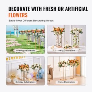 4pcs gold metal column wedding flower stand, 31.5inch high with metal laminate, vase geometric centerpiece stands, cylindrical floral display rack for events reception, party road leads