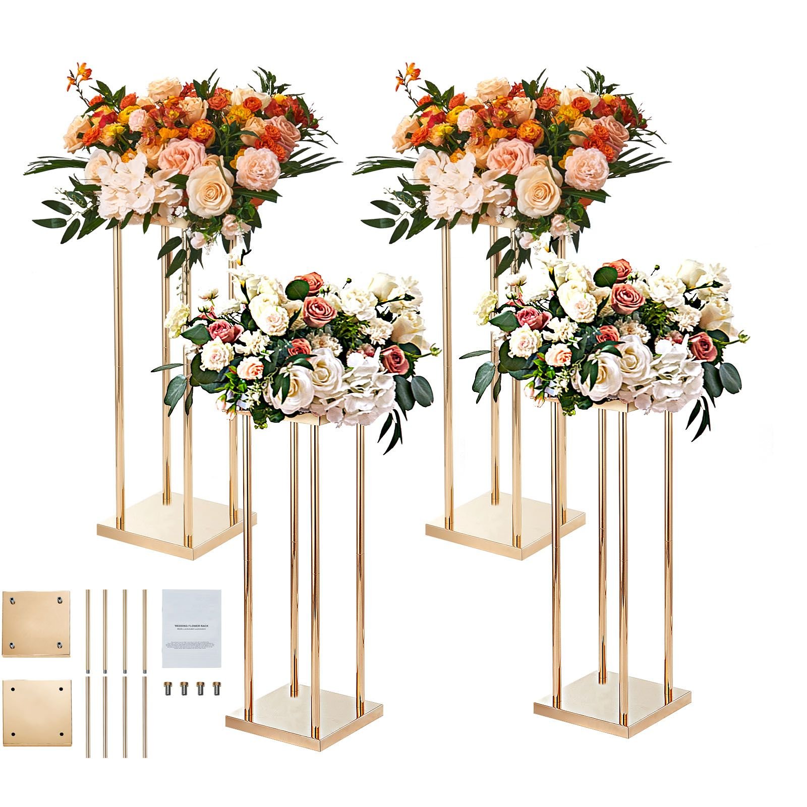 4pcs gold metal column wedding flower stand, 31.5inch high with metal laminate, vase geometric centerpiece stands, cylindrical floral display rack for events reception, party road leads