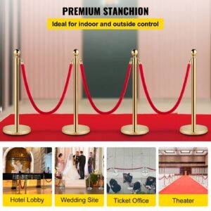 4pcs gold stanchion posts queue, 38 inch red velvet rope, crowd control barriers queue line rope, barriers for party supplies