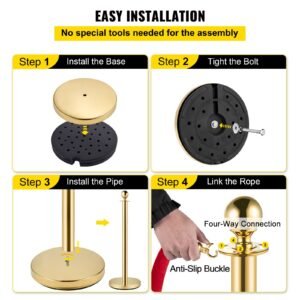 4pcs gold stanchion posts queue, 38 inch red velvet rope, crowd control barriers queue line rope, barriers for party supplies