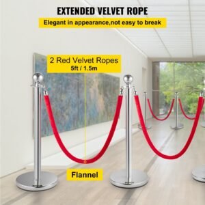 4pcs stainless steel stanchion posts queue, red velvet ropes silver post, 5ft rope barriers queue line crowd control barriers for party supplies