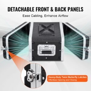 4u rack case, standard 14 in depth, server rack cabinet with abs construction handle heavy duty twist butterfly latches, detachable front & back panels, for amps, mixers, microphone receivers