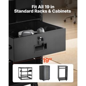 4u rack mount drawer, 50 lbs max load bearing, lockable server cabinet case, sliding drawer with lock and cable management holes, for 19 in network equipment server av rack or cabinet enclosure
