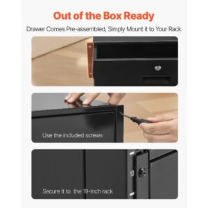 4u rack mount drawer, 50 lbs max load bearing, lockable server cabinet case, sliding drawer with lock and cable management holes, for 19 in network equipment server av rack or cabinet enclosure