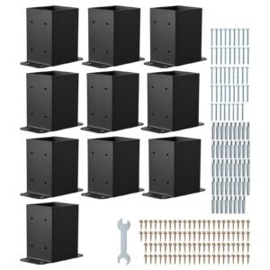 4x4 Post Base 10 Pcs, Inner Size 3.6x3.6 inch / 91.44x91.44 mm Post Brackets, Heavy Duty Carbon Steel Decking Posts, Wood Posts Brackets for Pavilion Deck Railing Support Deck Base Plate, Black