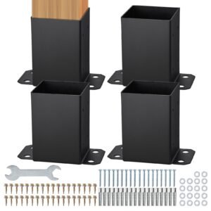 4x4 post base 4 pcs, inner size 3.6"x3.6" post base brackets, heavy duty powder coated post anchor matte black wood post brackets for pavilion deck railing support deck base plate