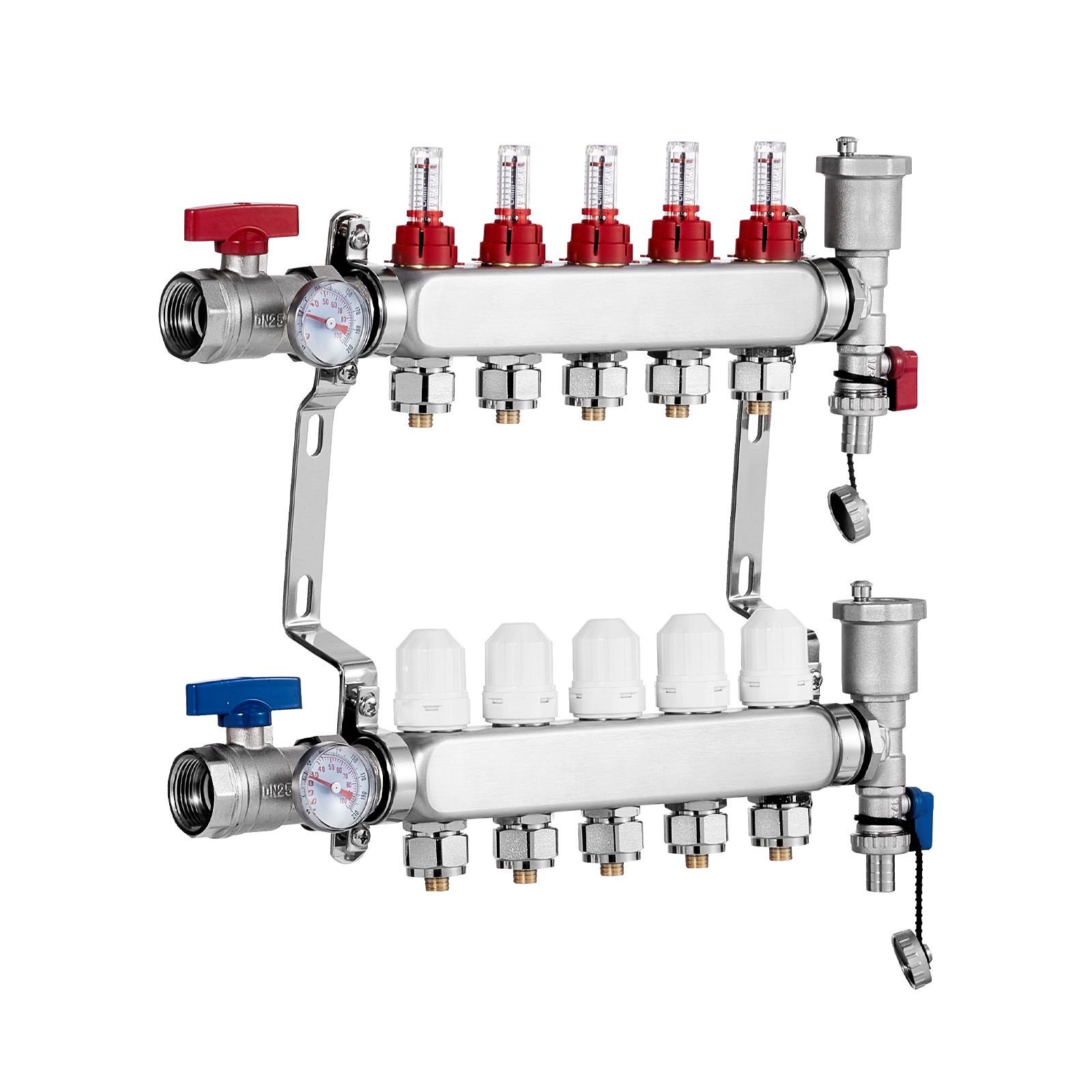 5 branch radiant heat manifold, 1/2" pex tubing manifold, stainless steel pex manifold for hydronic radiant floor heating, radiant heat pex manifold kit with 1/2" adapters included