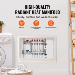5 branch radiant heat manifold, 1/2" pex tubing manifold, stainless steel pex manifold for hydronic radiant floor heating, radiant heat pex manifold kit with 1/2" adapters included