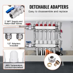 5 branch radiant heat manifold, 1/2" pex tubing manifold, stainless steel pex manifold for hydronic radiant floor heating, radiant heat pex manifold kit with 1/2" adapters included