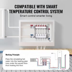 5 branch radiant heat manifold, 1/2" pex tubing manifold, stainless steel pex manifold for hydronic radiant floor heating, radiant heat pex manifold kit with 1/2" adapters included
