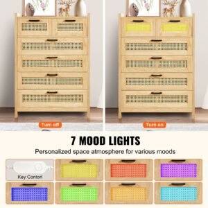 5 drawer rattan dresser, boho dresser, rattan chest of drawers with spacious storage, natural rattan dresser for bedroom, living room & hallway,rattan nightstand with sturdy handles&legs, brown