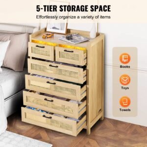 5 drawer rattan dresser, boho dresser, rattan chest of drawers with spacious storage, natural rattan dresser for bedroom, living room & hallway,rattan nightstand with sturdy handles&legs, brown