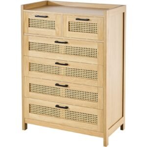 5 Drawer Rattan Dresser, Boho Dresser, Rattan Chest of Drawers with Spacious Storage, Natural Rattan Dresser for Bedroom, Living Room & Hallway,Rattan Nightstand with Sturdy Handles&Legs, Brown