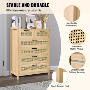 5 drawer rattan dresser, boho dresser, rattan chest of drawers with spacious storage, natural rattan dresser for bedroom, living room & hallway,rattan nightstand with sturdy handles&legs, brown