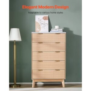 5 fluted drawer dresser, wooden chest of drawers with sliding & anti tip device, modern minimalist dresser chest, closet storage organizer for living room, hallway, bedroom, entryway, light wood