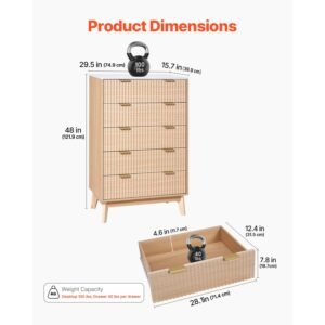 5 fluted drawer dresser, wooden chest of drawers with sliding & anti tip device, modern minimalist dresser chest, closet storage organizer for living room, hallway, bedroom, entryway, light wood