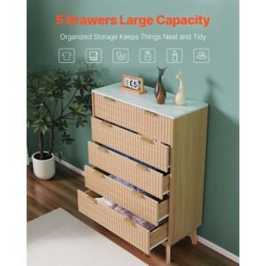 5 fluted drawer dresser, wooden chest of drawers with sliding & anti tip device, modern minimalist dresser chest, closet storage organizer for living room, hallway, bedroom, entryway, light wood