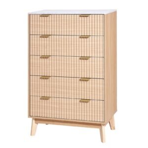 5 Fluted Drawer Dresser, Wooden Chest of Drawers with Sliding & Anti-tip Device, Modern Minimalist Dresser Chest, Closet Storage Organizer for Living Room, Hallway, Bedroom, Entryway, Light Wood