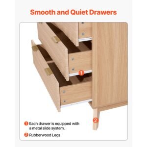 5 fluted drawer dresser, wooden chest of drawers with sliding & anti tip device, modern minimalist dresser chest, closet storage organizer for living room, hallway, bedroom, entryway, light wood
