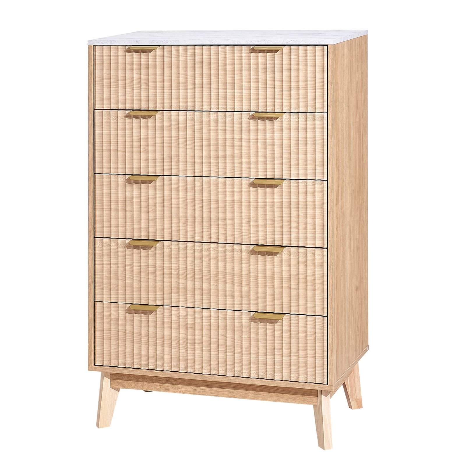 5 fluted drawer dresser, wooden chest of drawers with sliding & anti tip device, modern minimalist dresser chest, closet storage organizer for living room, hallway, bedroom, entryway, light wood