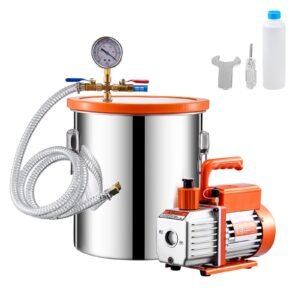 5 gallon vacuum chamber and 3.5 cfm pump kit, stainless steel chamber, single stage vacuum pump degassing chamber kit, with acrylic lid, oil, 4.92 ft hose, for degassing resin silicone epoxies