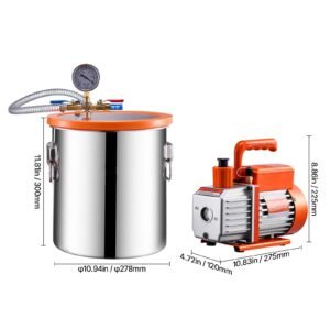 5 gallon vacuum chamber and 3.5 cfm pump kit, stainless steel chamber, single stage vacuum pump degassing chamber kit, with acrylic lid, oil, 4.92 ft hose, for degassing resin silicone epoxies
