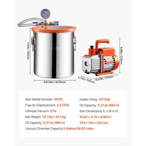 5 Gallon Vacuum Chamber and 3.5 CFM Pump Kit, Stainless Steel Chamber, Single Stage Vacuum Pump Degassing Chamber Kit, with Acrylic Lid, Oil, 4.92 ft Hose, for Degassing Resin Silicone Epoxies