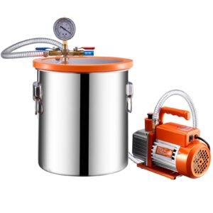 5 gallon vacuum chamber and 3.5 cfm pump kit, stainless steel chamber, single stage vacuum pump degassing chamber kit, with acrylic lid, oil, 4.92 ft hose, for degassing resin silicone epoxies