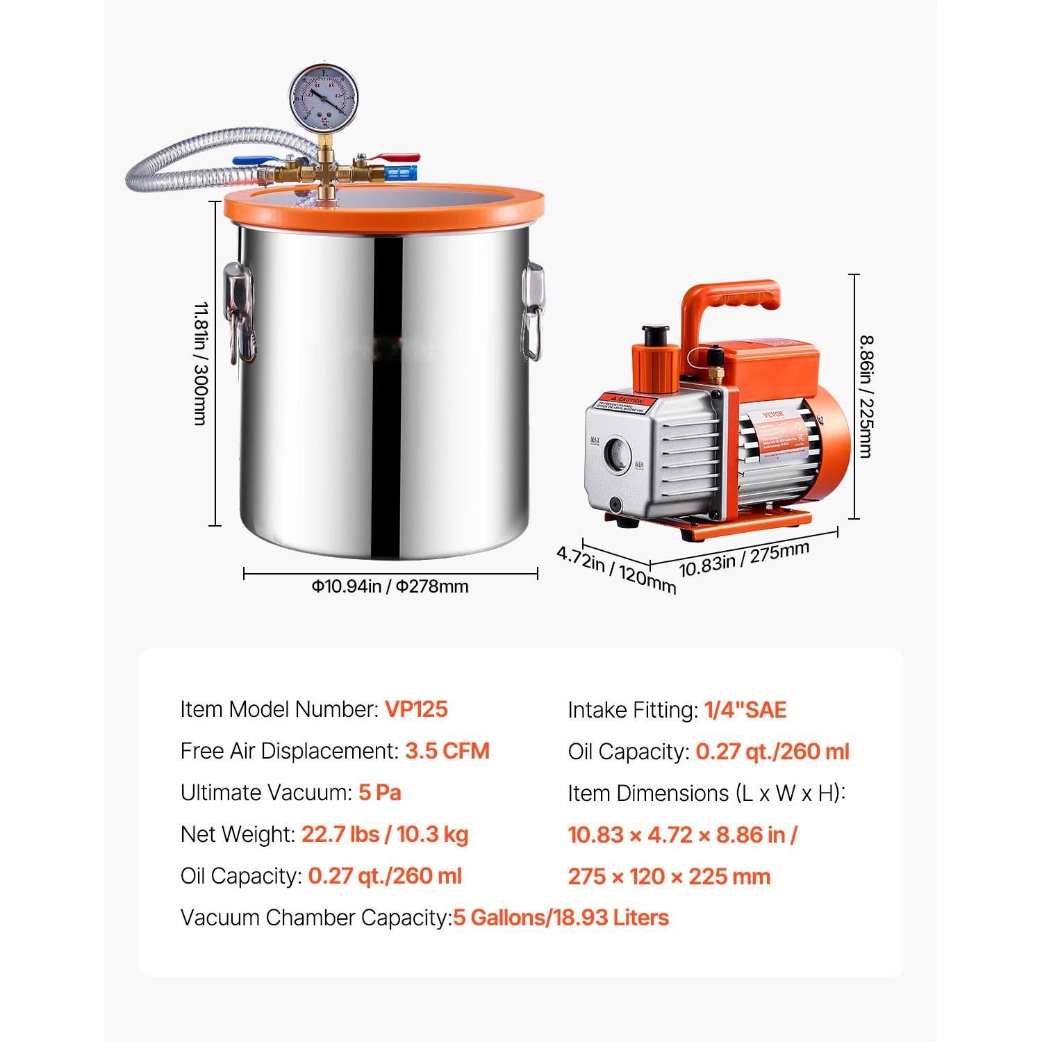 5 gallon vacuum chamber and 3.5 cfm pump kit, stainless steel chamber, single stage vacuum pump degassing chamber kit, with acrylic lid, oil, 4.92 ft hose, for degassing resin silicone epoxies
