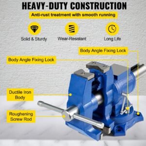 5" heavy duty bench vise, double swivel rotating vise head/body rotates 360°,pipe vise bench vices 30kn clamping force,for clamping fixing equipment home or industrial use