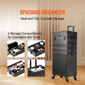 5 in 1 professional makeup train case aluminum cosmetic case, rolling makeup case extra large trolley makeup travel organizer, with 360° swivel wheels & adjustable pull rod, black