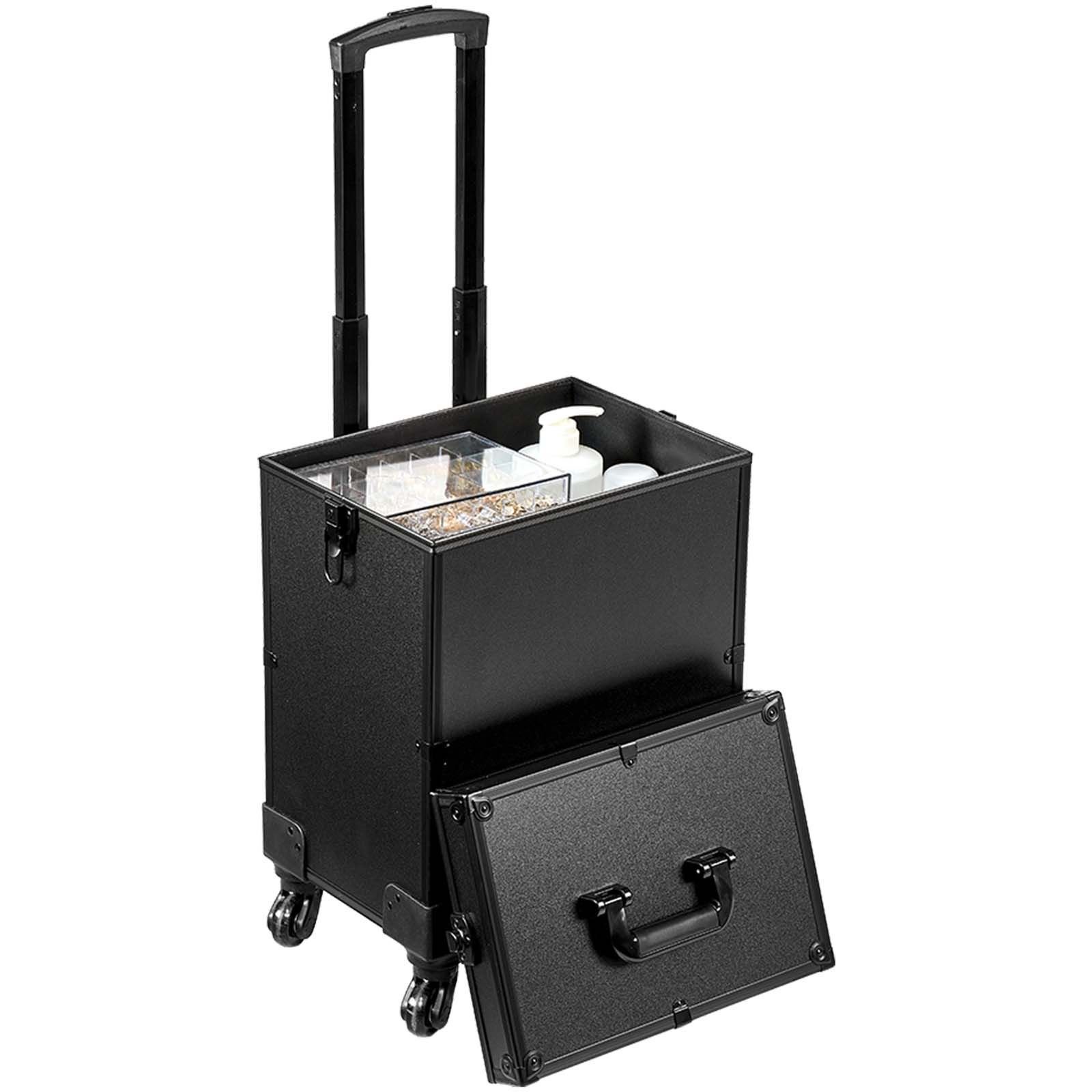 5 in 1 professional makeup train case aluminum cosmetic case, rolling makeup case extra large trolley makeup travel organizer, with 360° swivel wheels & adjustable pull rod, black