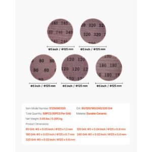 5 inch mesh abrasive sanding discs 50pcs, grit 80/120/180/240/320 assorted anti clogging ceramic mesh sandpapers, hook and loop sanding discs for metal wood plaster, car body, paint removal