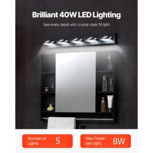 5 light led modern vanity light fixtures, 33.46 inch, black finish bathroom wall lighting fixture over mirror, with ip44 waterproof, for bathroom, living room, bedroom, hallway, cool white 6000k