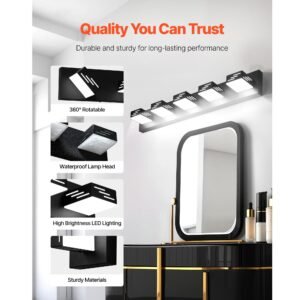 5 light led modern vanity light fixtures, 33.46 inch, black finish bathroom wall lighting fixture over mirror, with ip44 waterproof, for bathroom, living room, bedroom, hallway, cool white 6000k