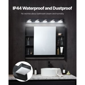 5 light led modern vanity light fixtures, 33.46 inch, black finish bathroom wall lighting fixture over mirror, with ip44 waterproof, for bathroom, living room, bedroom, hallway, cool white 6000k